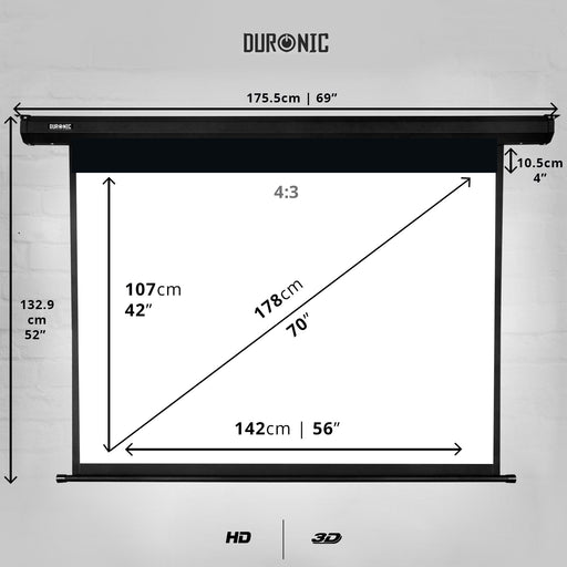 Duronic Electric 70” Projector Screen EPS70/43 | Screen Size: 142x107cm / 56x42” | 4:3 Ratio | Matt White +1 Gain | HD High Definition | Motorised Switch Control | Home Cinema, School, Office