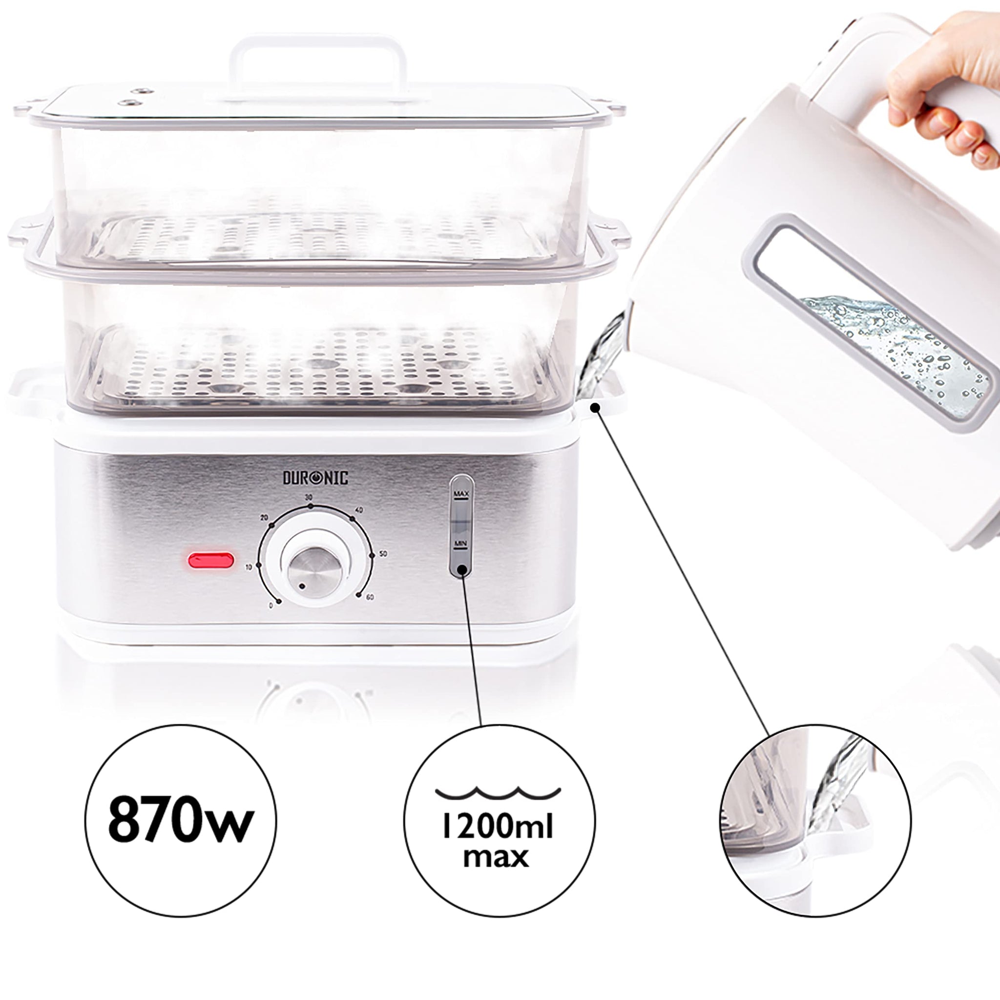 Duronic Electric Food Steamer FS87, 3 Tier Vegetable Steamer with Rice Bowl, BPA Free Dumpling Maker with 870W and Timer Function to Steam Rice, Dumpling, Vegetables