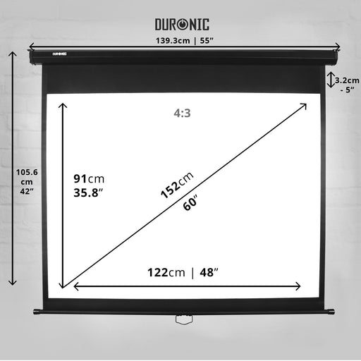 Duronic 60" Projector Screen MPS60 /43 BK, BLACK Pull-Down Projector Screen, Screen Size: 122x91cm / 48x36”, 4:3 Ratio, Matt White +1 Gain, HD High Definition, Home Cinema School Office