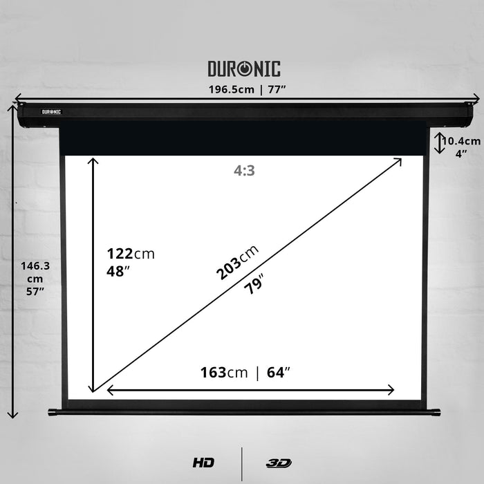 Duronic Projector Screen Electric 80 Inch EPS80/43 for Home Cinema School Office | 4:3 Matte White HD Screen Size: 163cm X 122cm | Wall Mountable