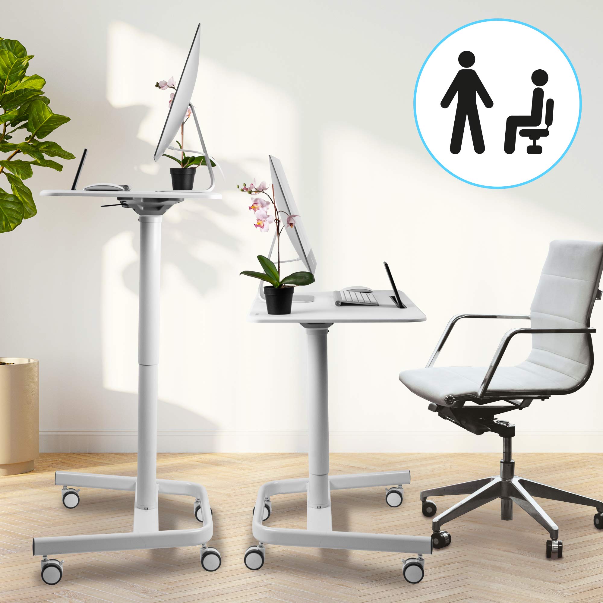 Duronic Sit-Stand Desk shown in sitting and standing positions with office chair.