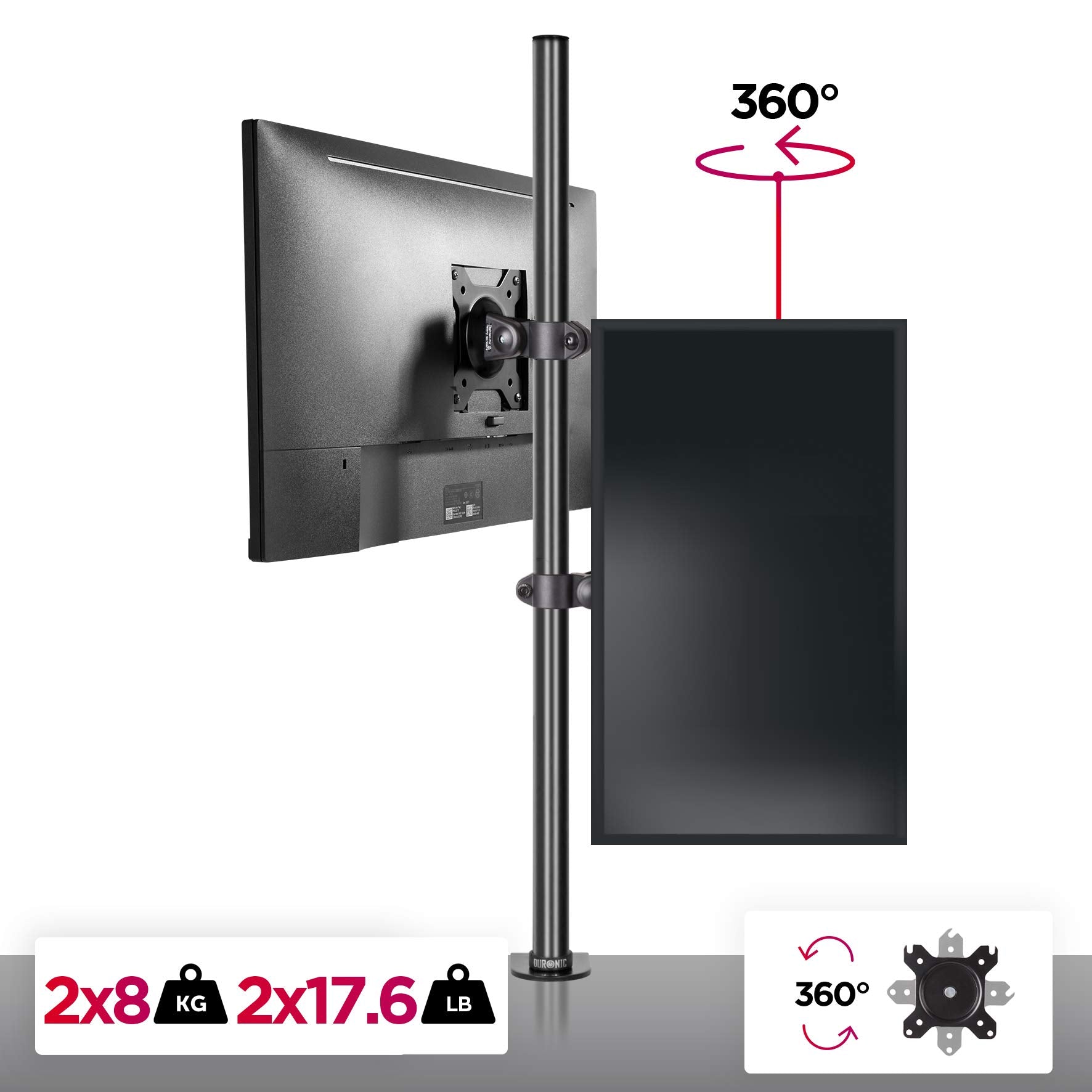 Duronic Dual Screen Monitor Stand DM15D2V2 | Freestanding Vertical PC Desk Mount | For Two 13-32 Inch Screens | VESA 75/100 | 8kg Per Screen | Adjustable Height, Tilt -15°/+15°,Swivel 180°,Rotate 360°