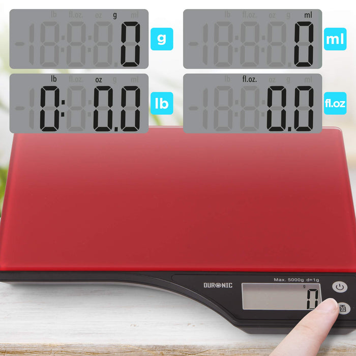 Duronic Kitchen Scales KS350 for Baking Postal Parcel Weigh Red Digital Design with Glass Platform | 5kg Capacity | Add & Weigh Tare | 1g Precision