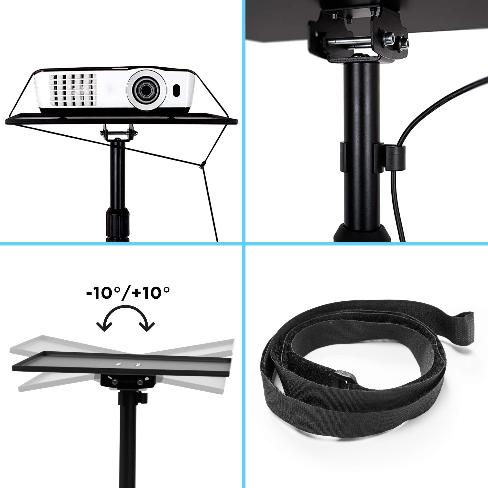 Duronic Projector Stand with tilting tray, cable clip, and safety strap.