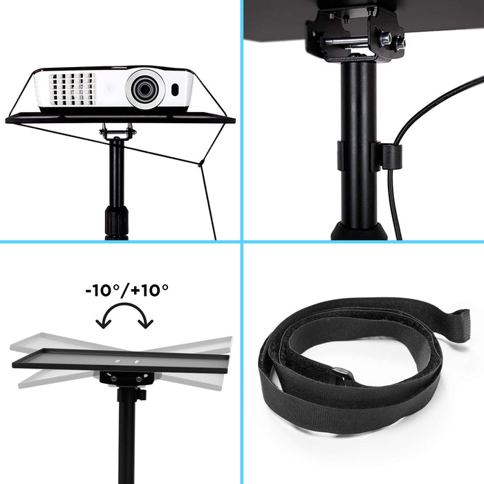 Duronic Projector Stand with tilting tray, cable clip, and safety strap.