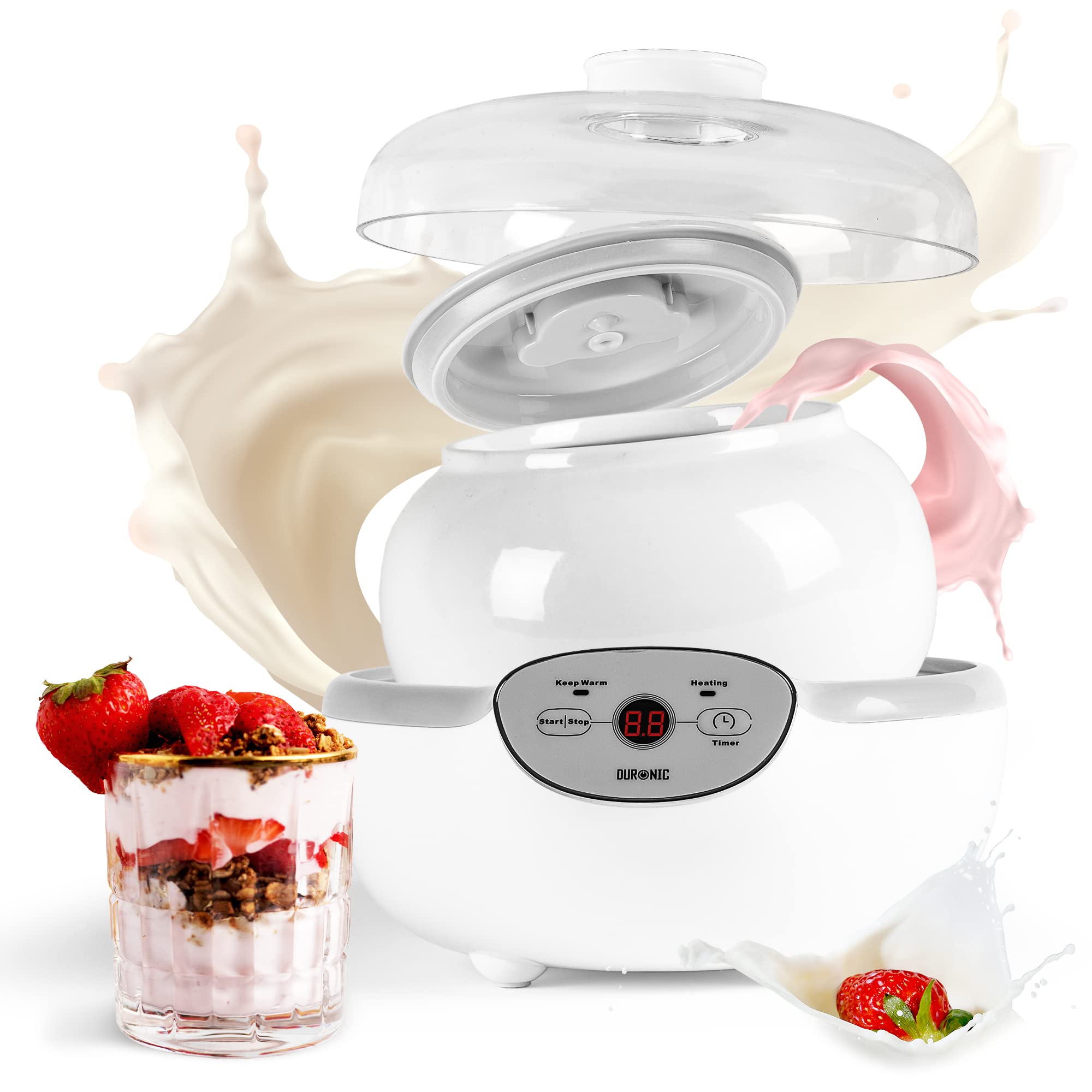 Duronic Yoghurt Makers YM1 Electric Yogurt Maker with Large 1.5L Ceramic Pot Digital Yogurt Making Machine for Homemade Natural Greek Yoghurt 20W Soft Cheese Maker for Healthy Breakfast Protein Snack