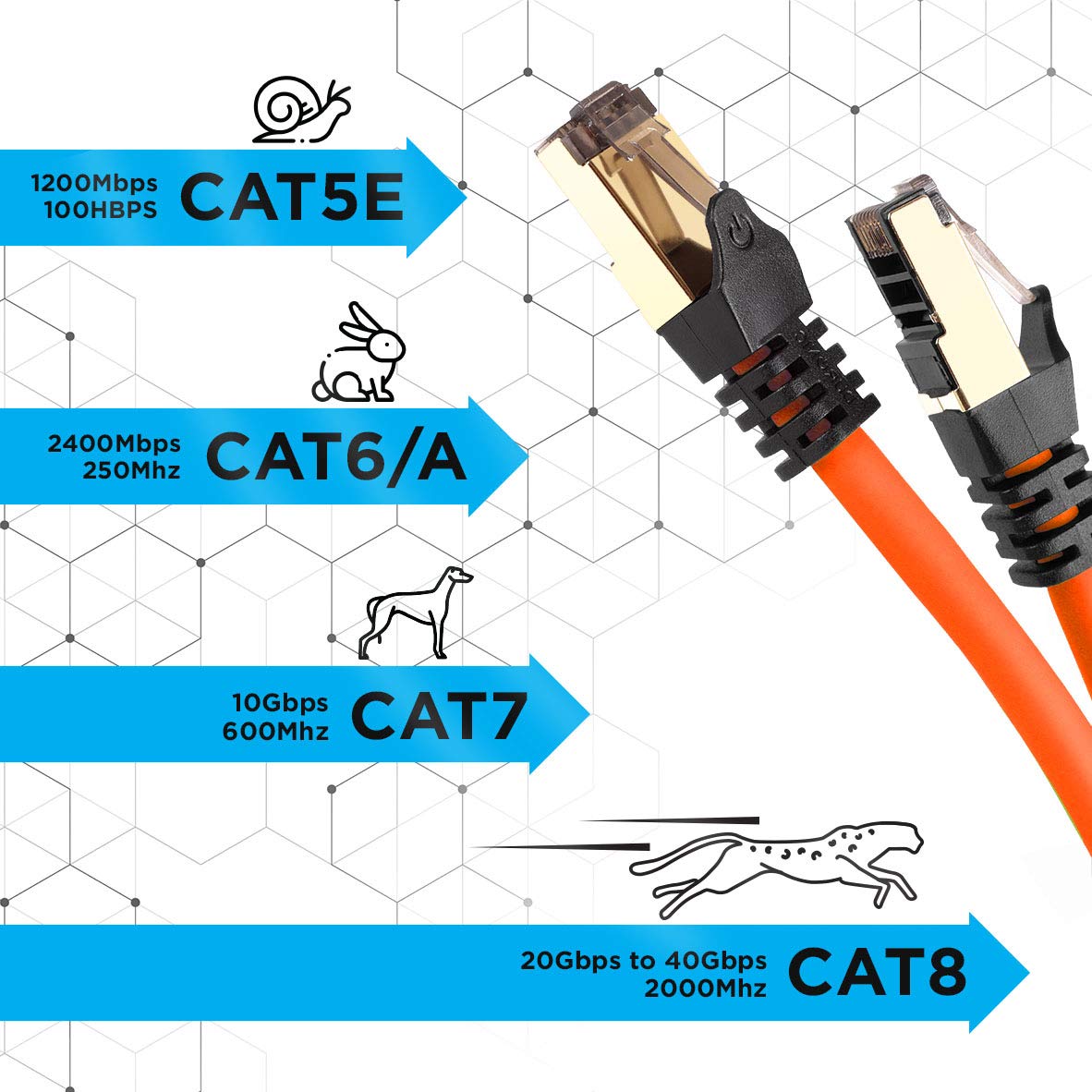 Duronic Ethernet Cable 2M High Speed CAT 8 Patch Network Shielded Lead 2GHz / 2000MHz / 40 Gigabit, CAT8 SFTP Wire, Snagless RJ45 Super-Fast Data - Orange
