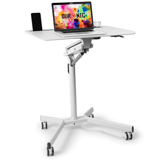 Duronic Sit-Stand Desk WPS57 | WHITE Ergonomic Desk with Tablet Support & Cup Holder | Multi-Use Table on Wheels | 70x52cm Platform | Adjustable Height & Reach | 10kg Capacity | For Home/Office…