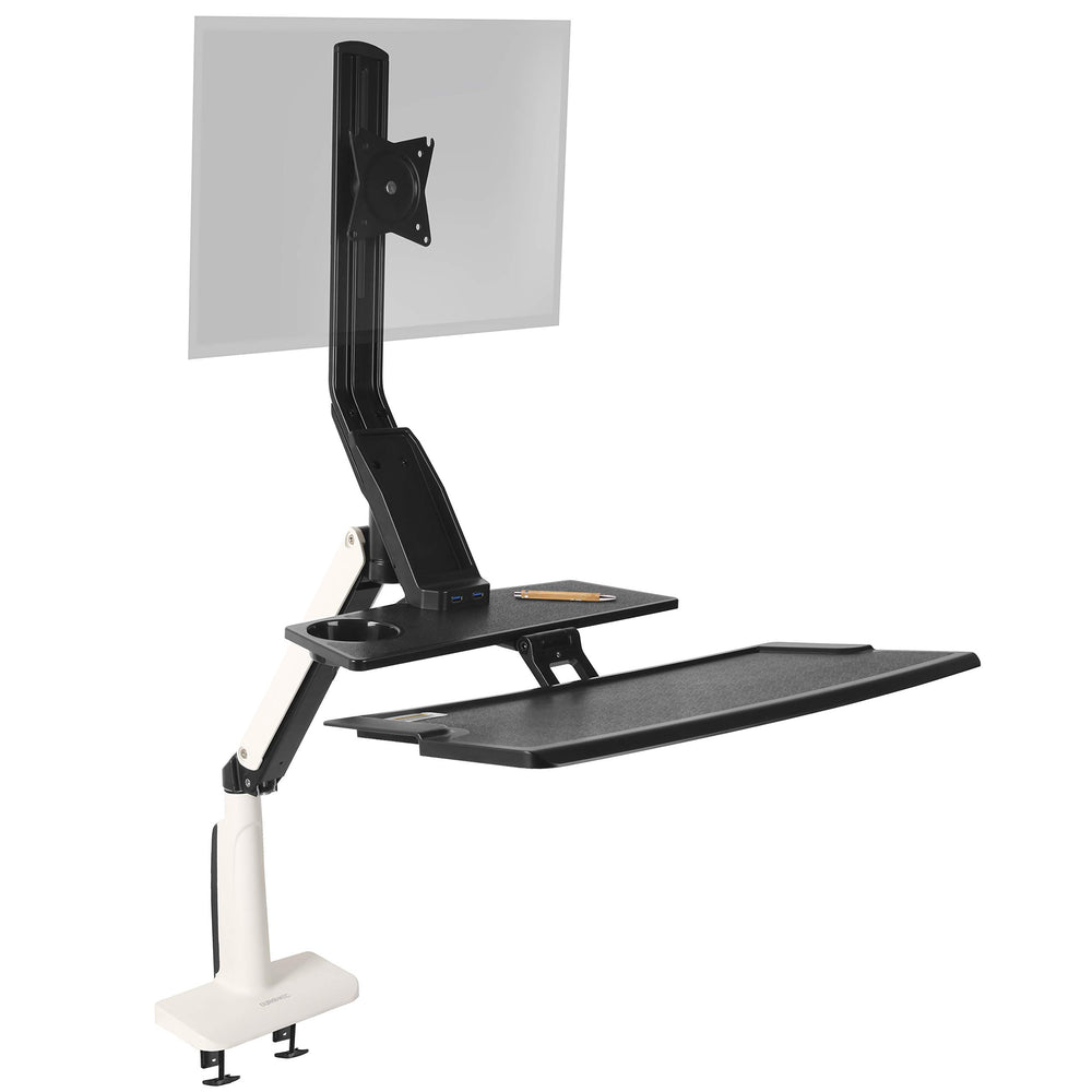 Duronic Sit-Stand Desk Mount DM1K1X1 | Height Adjustable Riser for LCD/LED Screen | Gas Monitor Arm with Keyboard Tray | USB Port | Elevated Workstation Convertor | (Tilt: +15°/-15°, Rotate 360°)