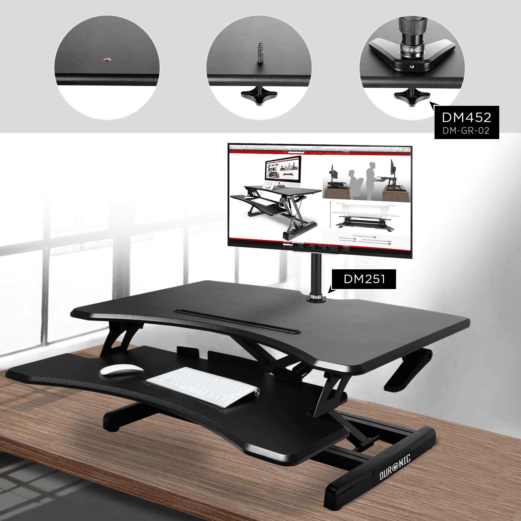 Duronic Sit-Stand Desk DM05D16 | Height Adjustable Office Workstation | 77x50cm Platform | Raises from 12-43cm | Riser for PC Computer Screen, Keyboard, Laptop | Ergonomic Desktop Table Converter