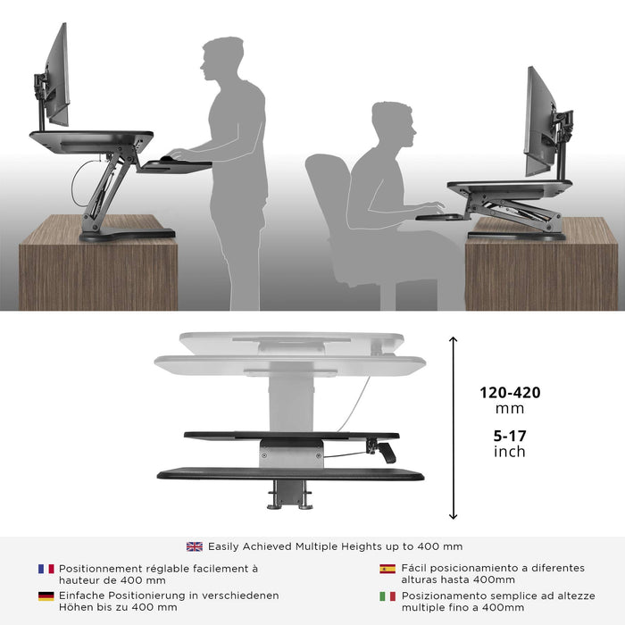 Duronic Sit-Stand Desk DM05D13 | Height Adjustable Office Workstation | 64x44cm Platform | Raises 12-40cm | Riser for PC Computer Screen, Keyboard, Laptop |Ergonomic Desktop Table Converter with Clamp