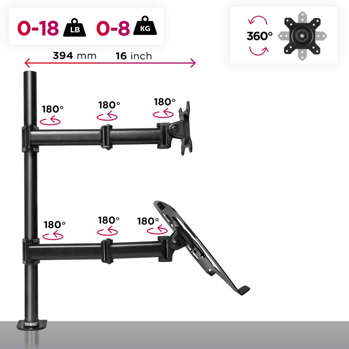 Duronic Desk Mount DM25L1X1 | Single Monitor Stand for 13”-27” LCD/LED PC/TV Screen and Laptop | Dual Arms | Adjustable Support | VESA 75/100 Bracket (Tilt: -90°/+35° | Swivel: 180° | Rotate: 360°)