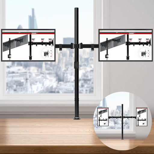 Duronic Dual Monitor Stand DMT152, Double Monitor Arm Desk Mount for Two 13-27” PC Screens, Height Adjustable Monitor Mounts with 100cm Pole & VESA 75 100, Monitor Riser for Home Office Work Desk