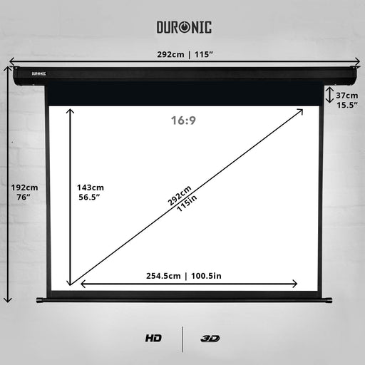 Duronic Electric Projector Screen EPS115 /169 | 115 Inch Screen Size: 254.5 x 143cm / 100.5 x 56.5” 16:9 Ratio Matt White HD High Definition Ceiling Wall Mountable Home Cinema School