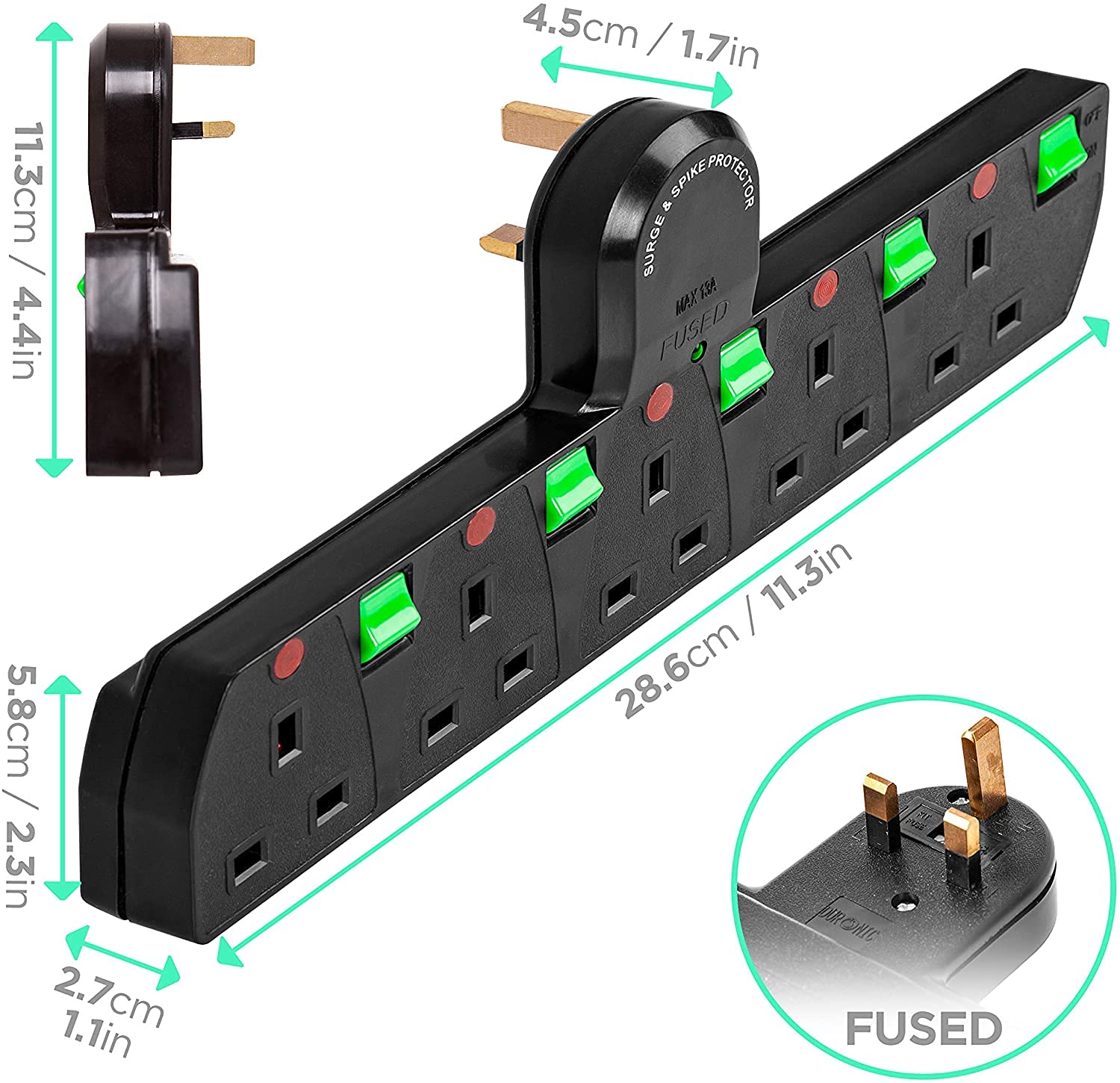 Duronic Plug Adaptor Power Extension Multi Socket Surge Protected S125B 5 Way UK | Switched | Black | Switches Turns 1 Socket Into 5