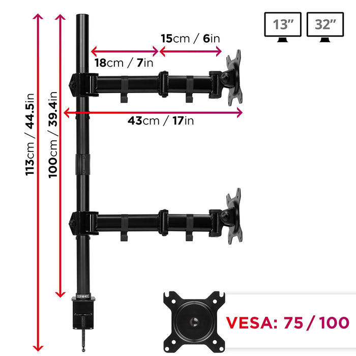 Duronic Dual Monitor Arm Stand DMT252VX2, Vertical PC Desk Mount, Extra Tall 100cm Pole, For Two 13-32 LED LCD Screens, VESA 75/100, 8kg/17.6lb Capacity, Tilt 90°/35°,Swivel 180°,Rotate 360°