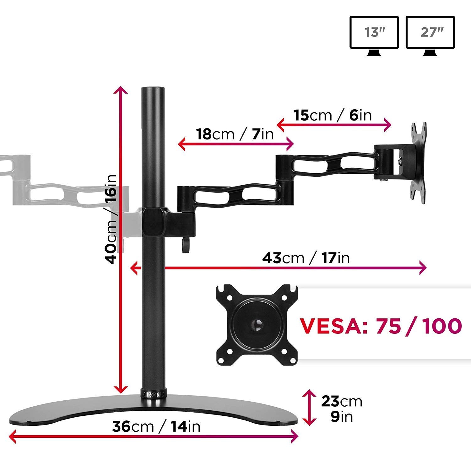 Duronic Monitor Arm Stand DM35D2, Freestanding Double PC Desk Mount, Aluminium, For Two 13-27 LED LCD Computer or TV Screens, Tilt +15°/-15°, Swivel 180°, Rotate 360° - BLACK