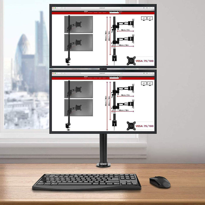 Duronic Dual Screen Monitor Stand DM15D2V2 | Freestanding Vertical PC Desk Mount | For Two 13-32 Inch Screens | VESA 75/100 | 8kg Per Screen | Adjustable Height, Tilt -15°/+15°,Swivel 180°,Rotate 360°