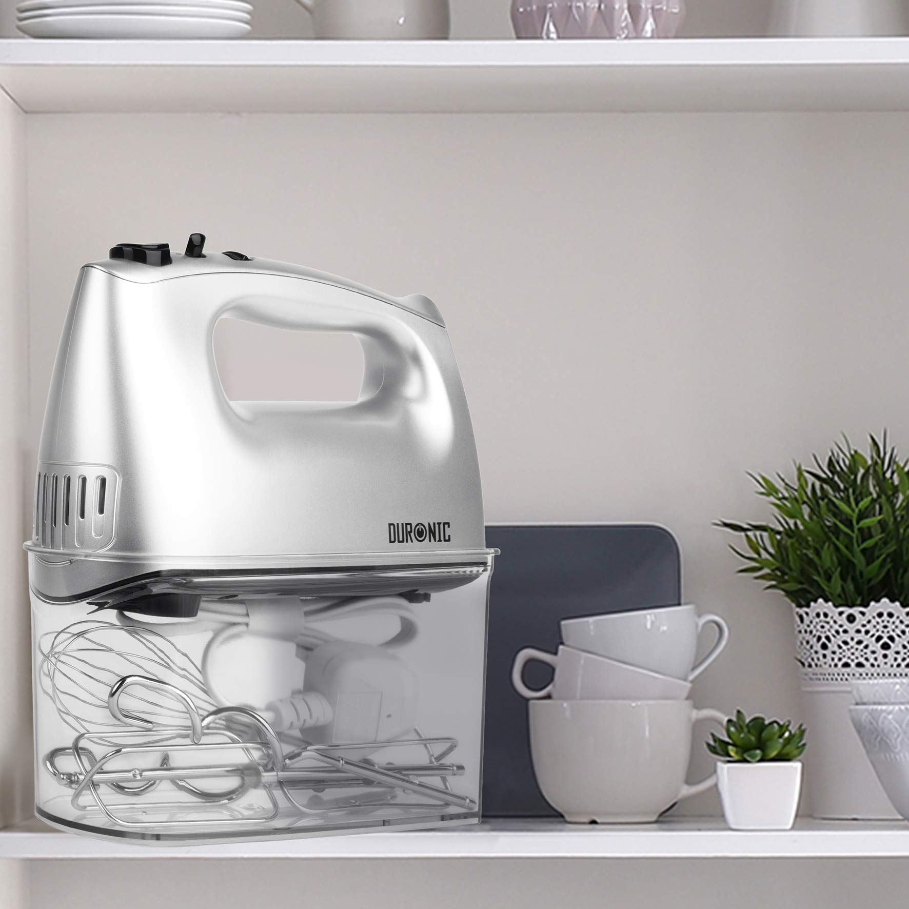 Duronic Hand Mixer Electric Whisk HM4 SR Kitchen Handheld Hand Held Food Mixers for Baking, Dough, Bread, Eggs, Cake Mix, Cream, Brownie Maker Mixer with Whisker Hooks Beater Storage Case 400W - Silver