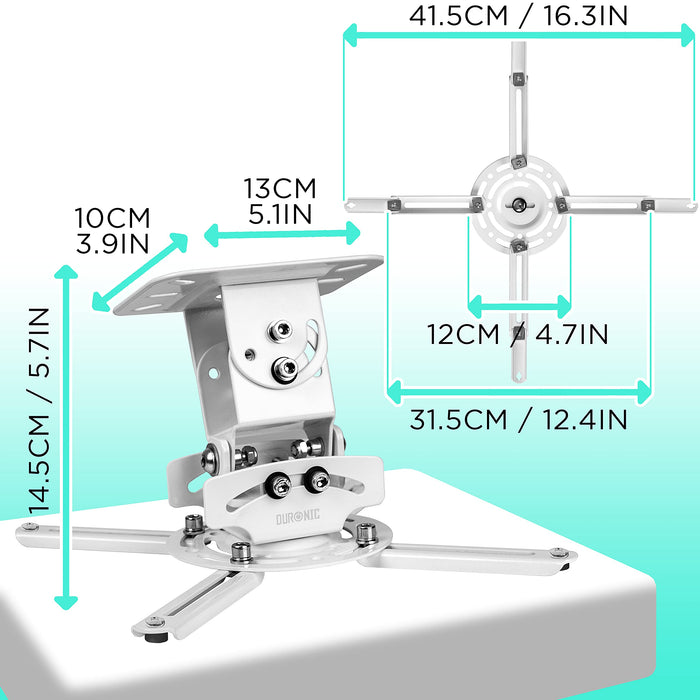 Duronic Projector Mount Stand for Ceiling or Wall Bracket PB06XL | 13.6kg Capacity | Extendable Universal Heavy Duty Adjustable Clamp | Tilt Swivel Rotate | White