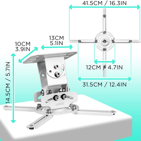 Duronic Projector Mount Stand for Ceiling or Wall Bracket PB05XB | 13.6kg Capacity | Multi-Fit Projector Bracket | Heavy Duty Adjustable Clamp | Tilt Swivel Rotate | White