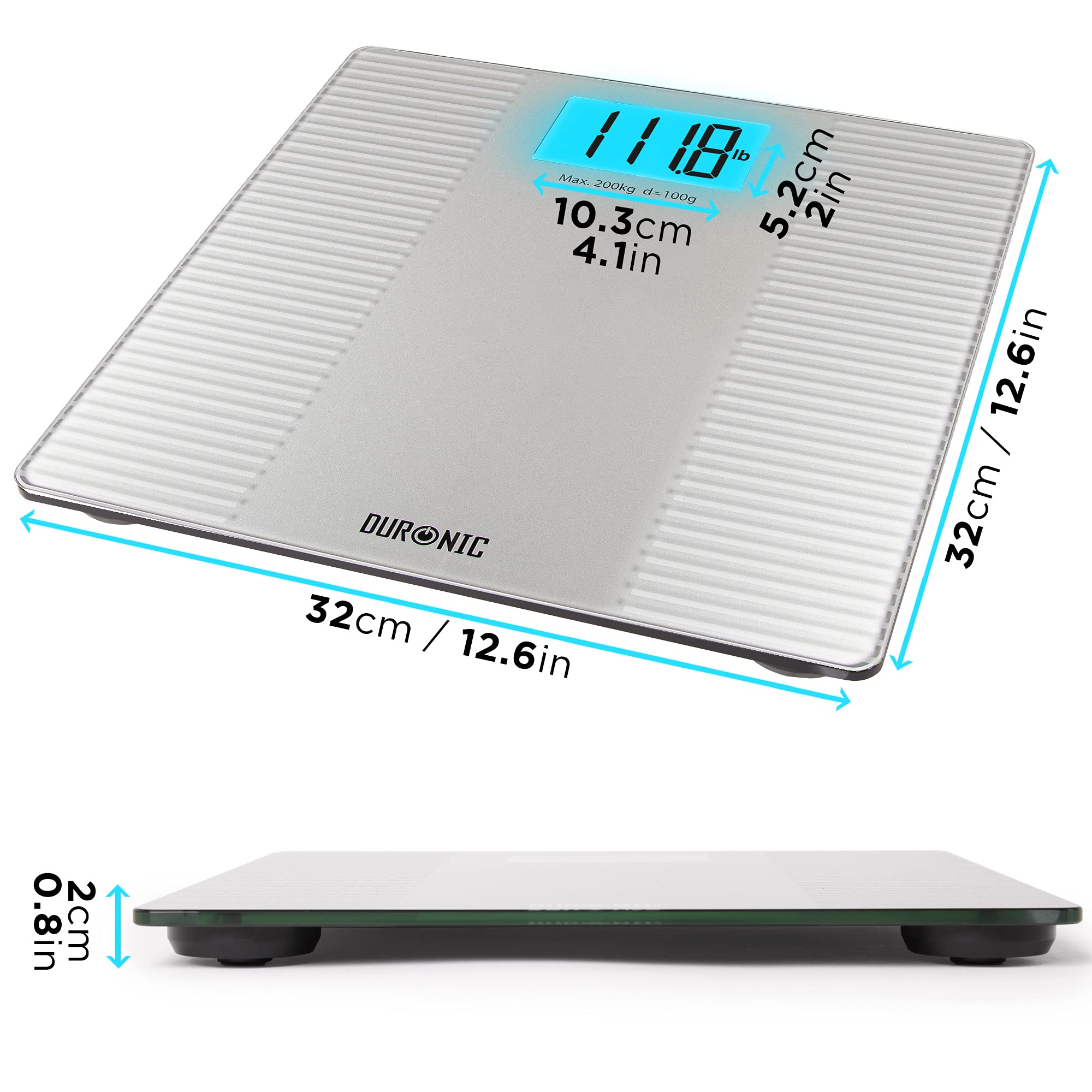 Duronic Body Scales BS204 | Measures Body Weight in Kilograms, Pounds & Stones | Silver Non-Slip Design | Step-On Activation Bathroom Scales | Precision Sensors | XL Digital Display | 200kg Capacity