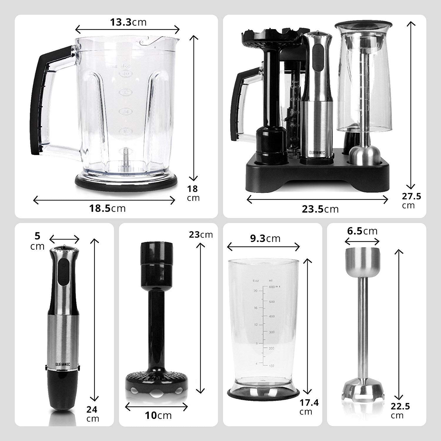Duronic Hand Blender HB8010 Immersion Blender Electric Handheld Blender Stick Stainless Steel Blending Machine for Soup Sauces Hand Held Blenders with Chopper Whisk Masher 2 Jugs Storage Stand - Black