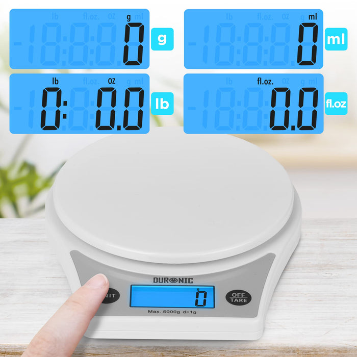 Duronic Digital Kitchen Scales KS6000 WH/WH | White Design with 1.5L White Bowl | 5kg Capacity | LCD Backlit Display | Add & Weigh Tare | 0.1g Precision | Measure Ingredients for Cooking & Baking