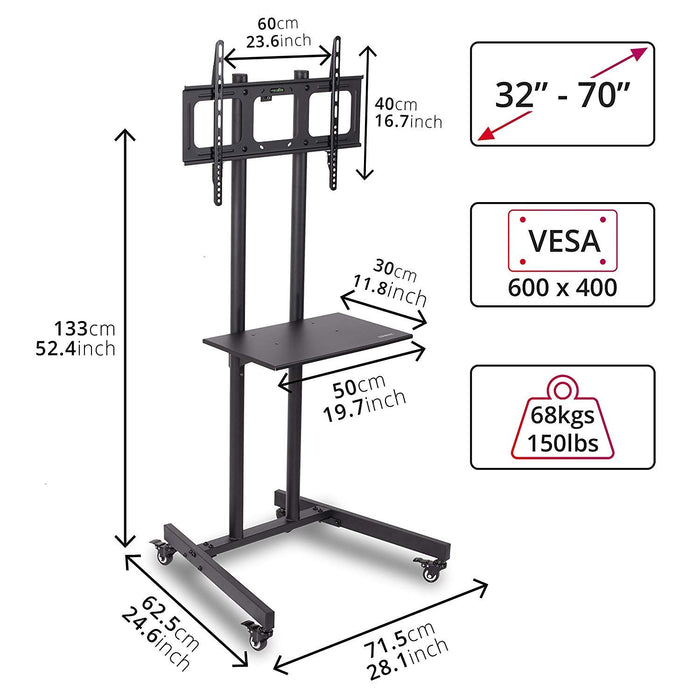 Duronic TVS5T1 TV Stand Floor Trolley Mount Heavy Duty Mobile Exhibition/Meeting Room 33"-70" DVD Shelf -Suitable for LCD, Plasma, Led, Oled, 4K, 3D TV`s 37" 40" 42" 46" 50" 55" 60" 65" 70”