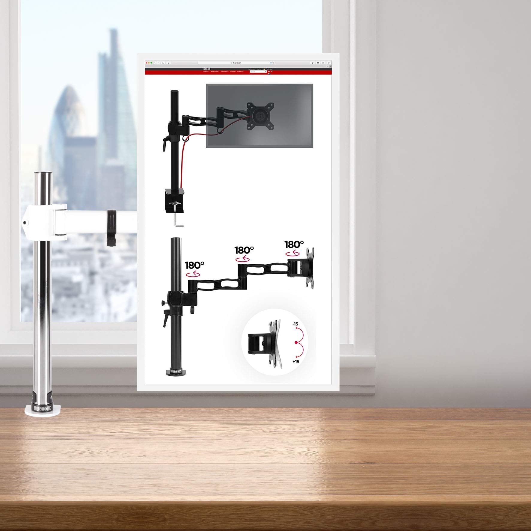 Duronic Single Monitor Arm Stand DM251X3WE | PC Desk Mount | WHITE | Height Adjustable | For One 13-27 Inch LED LCD Screen | VESA 75/100 | 8kg Capacity | Tilt -90°/+35°, Swivel 180°, Rotate 360°