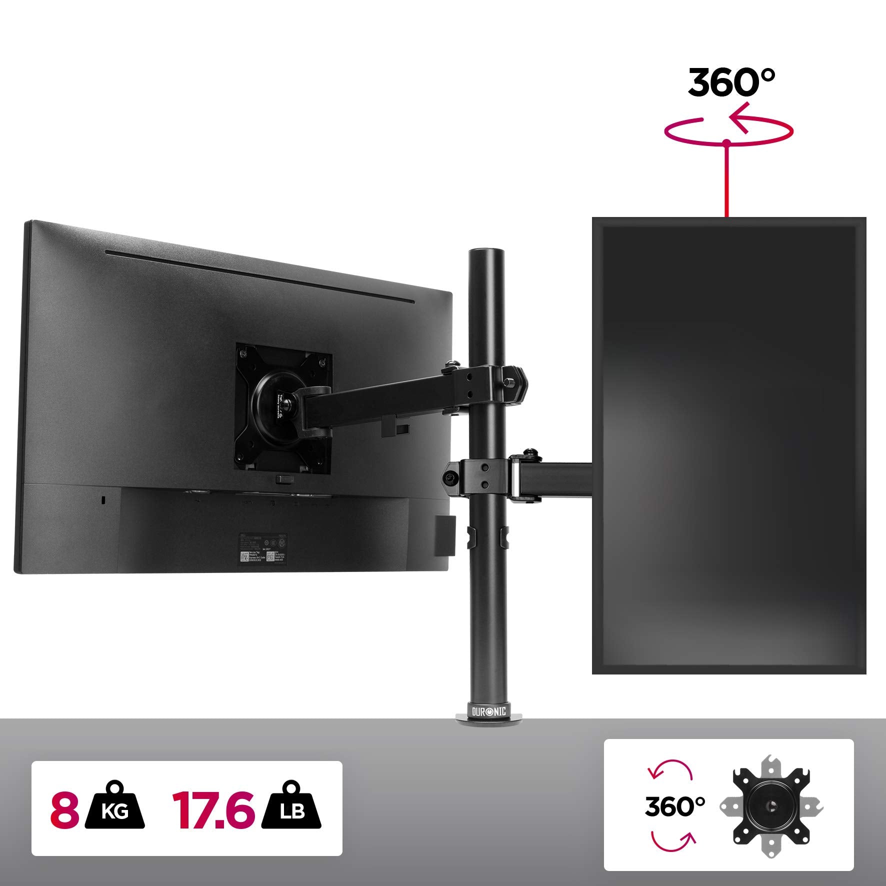 Duronic Single Monitor Arm Stand DM151X2 | Single PC Desk Mount | BLACK | Steel | Height Adjustable | For One 13-32 LED LCD Screen | VESA 75/100 | 8kg Capacity | Tilt -90°/+35°,Swivel 180°,Rotate 360°