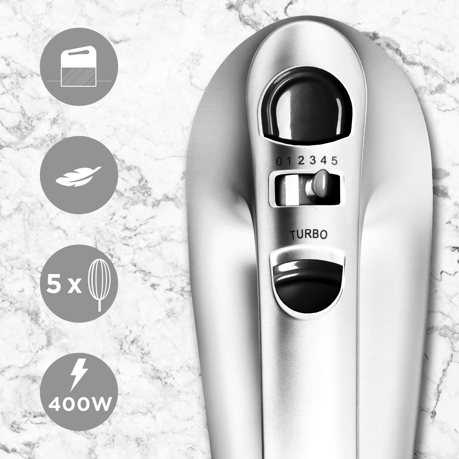 Duronic Hand Mixer Electric Whisk HM4 SR Kitchen Handheld Hand Held Food Mixers for Baking, Dough, Bread, Eggs, Cake Mix, Cream, Brownie Maker Mixer with Whisker Hooks Beater Storage Case 400W - Silver