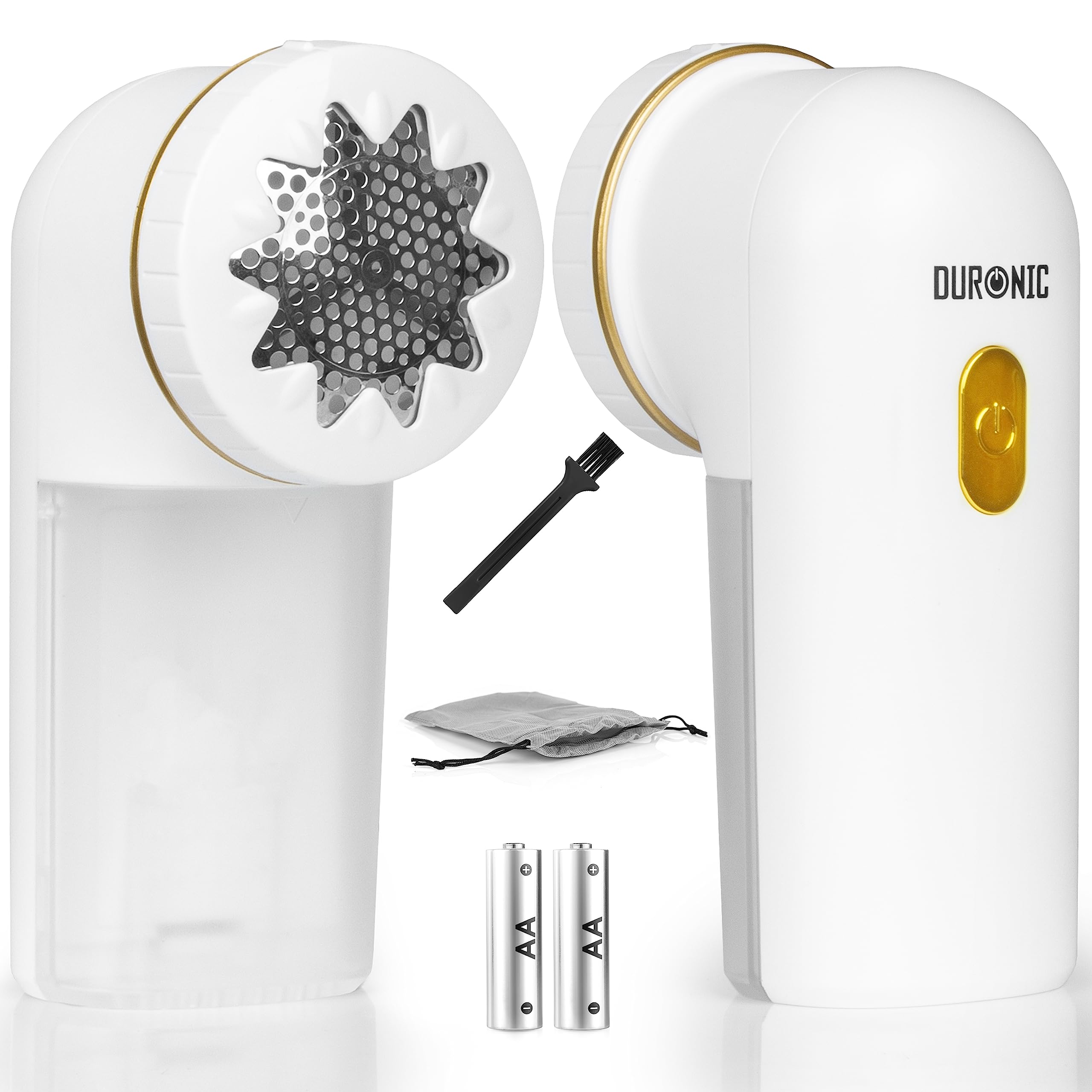 Duronic Fabric Shaver FS22 WE, De-Bobbler Removes Lint and Bobbles from Clothes, 2 Speed Fuzz and Fabric Pill Remover, with Storage Pouch, Revive Old Jumpers, Sweaters, Coats – White / Gold