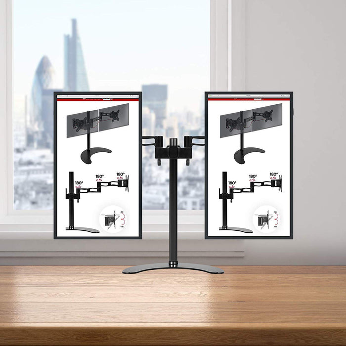 Duronic Monitor Arm Stand DM35D2, Freestanding Double PC Desk Mount, Aluminium, For Two 13-27 LED LCD Computer or TV Screens, Tilt +15°/-15°, Swivel 180°, Rotate 360° - BLACK