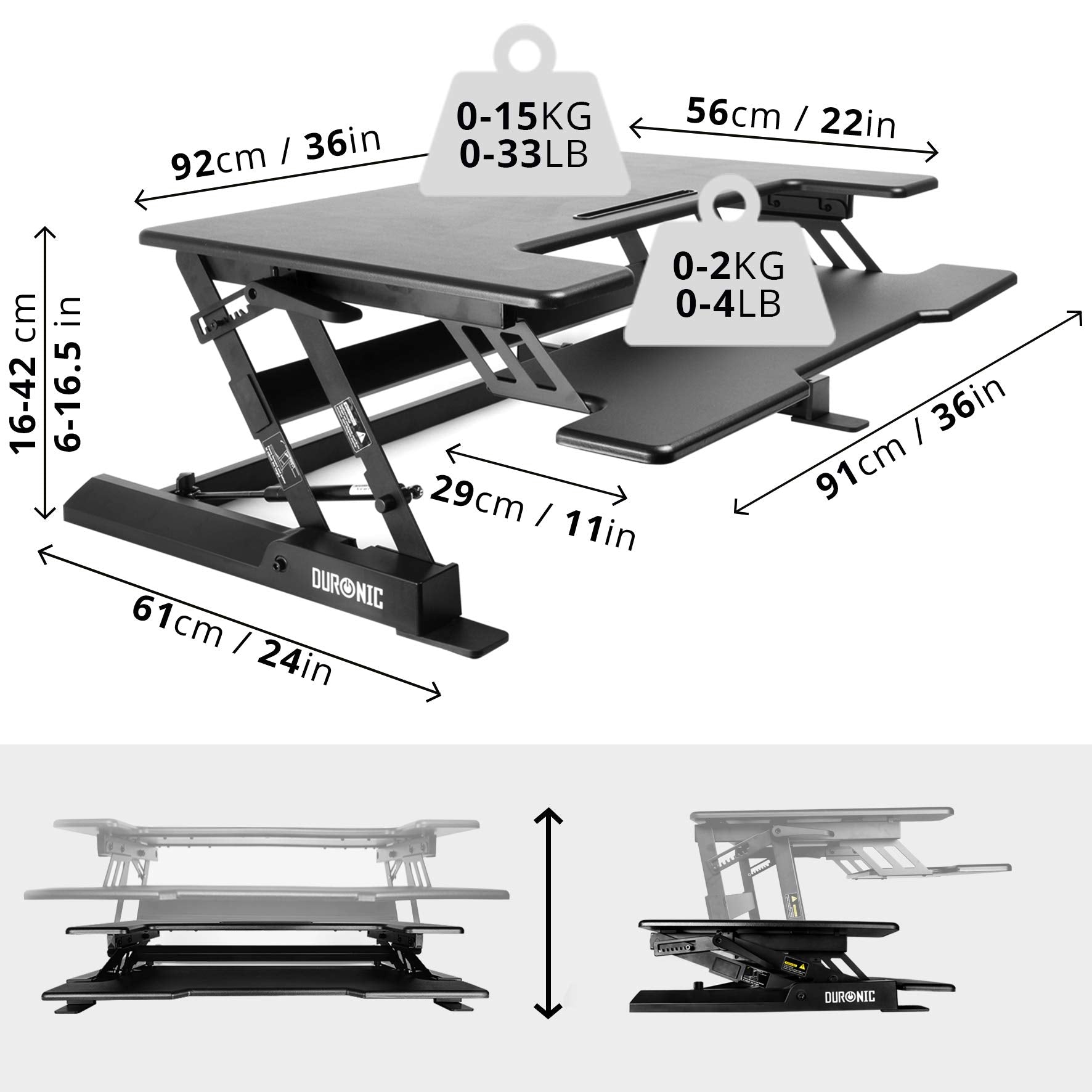 Duronic Sit-Stand Desk DM05D1 [BLACK] | Height Adjustable Office Workstation | 92x56cm Platform | Raises 16.5-41.5cm | PC Computer Screen, Keyboard, Laptop Riser | Ergonomic Desktop Table Converter
