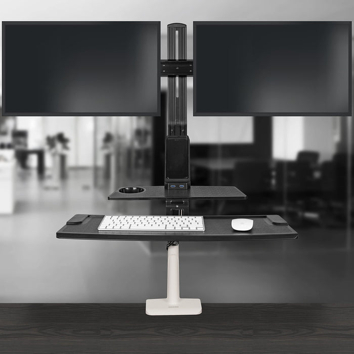 Duronic Sit Stand Desk Mount DM1K1X2 | Wall Mountable | Height Adjustable Riser | For 2 LCD/LED Monitors | Dual Screen | Gas Powered Monitor Arm with Keyboard Tray | Elevated Workstation Converter