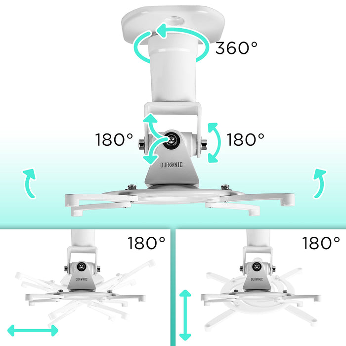 Duronic Projector Mount PB07XB | Bracket Fixing for Ceiling | 10kg Capacity | Universal | Heavy Duty | Fittings Included | Rotate 360 °, Swivel 180 °, Tilt 180° for Easy Projection Set-up