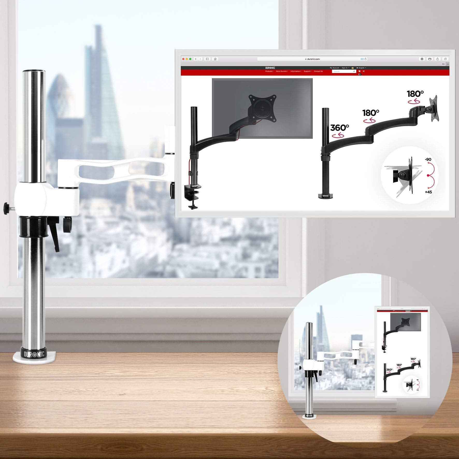 Duronic Single Monitor Arm Stand DM351X3 WE | PC Desk Mount | WHITE | Aluminium | Height Adjustable | For One 13-27 LED LCD Screen | VESA 75/100 | 8kg | Tilt +15°/15°,Swivel 180°,Rotate 360°
