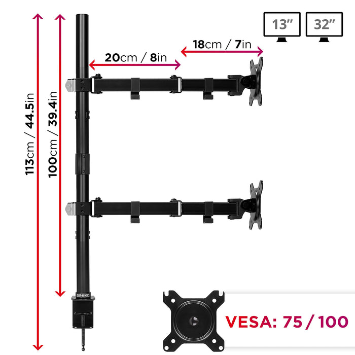 Duronic Dual Monitor Arm Stand DMT152VX2, Vertical PC Desk Mount, Extra Tall 100cm Pole, For Two 13-27 LED LCD Screens, VESA 75/100, 2x8kg/17.6lb Capacity, Tilt 90°/35°,Swivel 180°,Rotate 360°