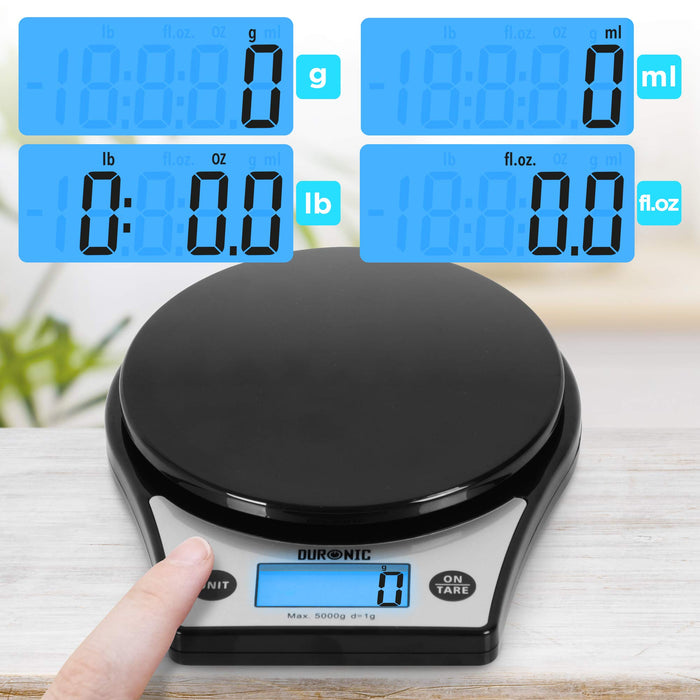 Duronic Digital Kitchen Scales KS6000 BK/CR | Black Design with 1.5L Clear Bowl | 5kg Capacity | LCD Backlit Display | Add & Weigh Tare | 0.1g Precision | Measure Ingredients for Cooking & Baking…