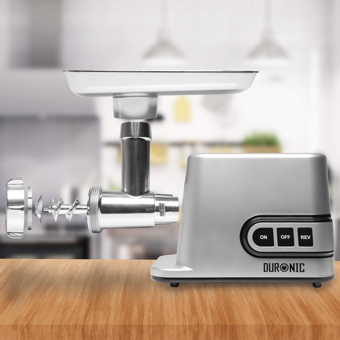Duronic Electric Meat Grinder and Mincer MG301 | Burger, Sausage, Mince and Kibbe Maker | Powerful Motor: 3000W Max | SILVER | 7 Attachments Included to Grind a Variety of Poultry, Meat & Vegetables