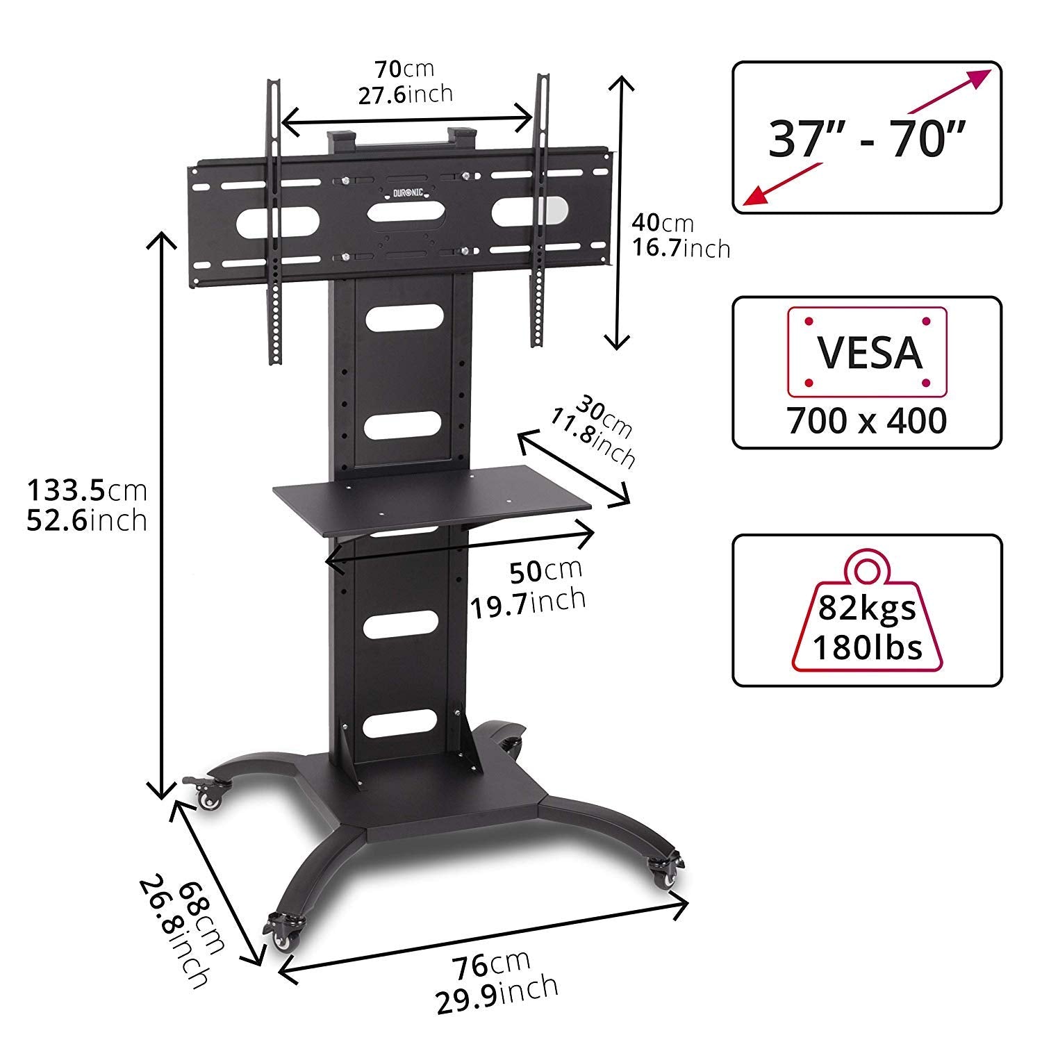 Duronic TV Mount Stand Bracket TVS4T1 | Floor Standing for 37-70 Inch Flat Screen | With Tilt and Swivel | VESA Up to 700x400 | Strong Heavy Duty | Max. 82kg Capacity | Shelf | On Wheels