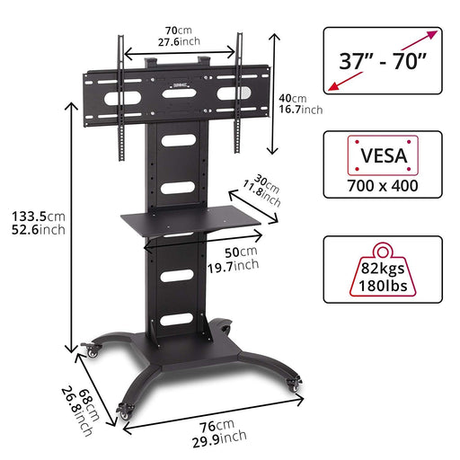 Duronic TVS4T1 Heavy Duty Mobile Exibition/Meeting Room Trolley 37"-75" Floor TV Stand with Shelf. Suitable for LCD, Plasma, Led, Oled, 4K, 3D TV`s 37" 40" 42" 46" 50" 55" 60" 65" 70"75