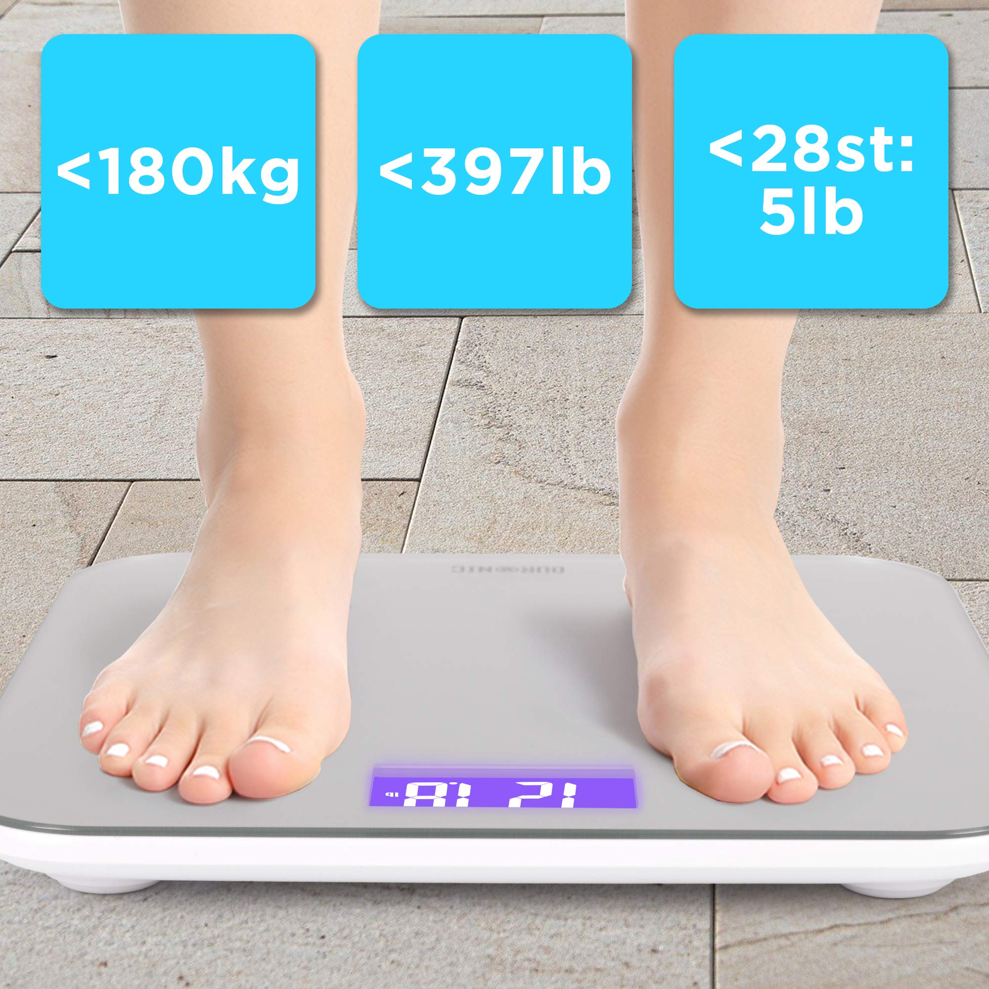 Duronic Digital Bathroom Body Scales BS603 | Measures Body Weight in Kilograms, Pounds and Stones | Silver Glass Design with Purple Backlight | Step-On Activation | Precision Sensors | 180kg Capacity