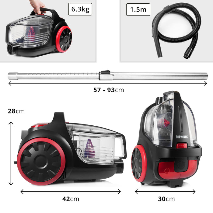 Duronic Bagless Cylinder Vacuum Cleaner VC5010 | Cyclonic Carpet and Hard Floor Cleaner | 500W | Lightweight and Low Noise | HEPA Filter | Extendable Hose | Comes with 4 Attachments [Energy Class A+]