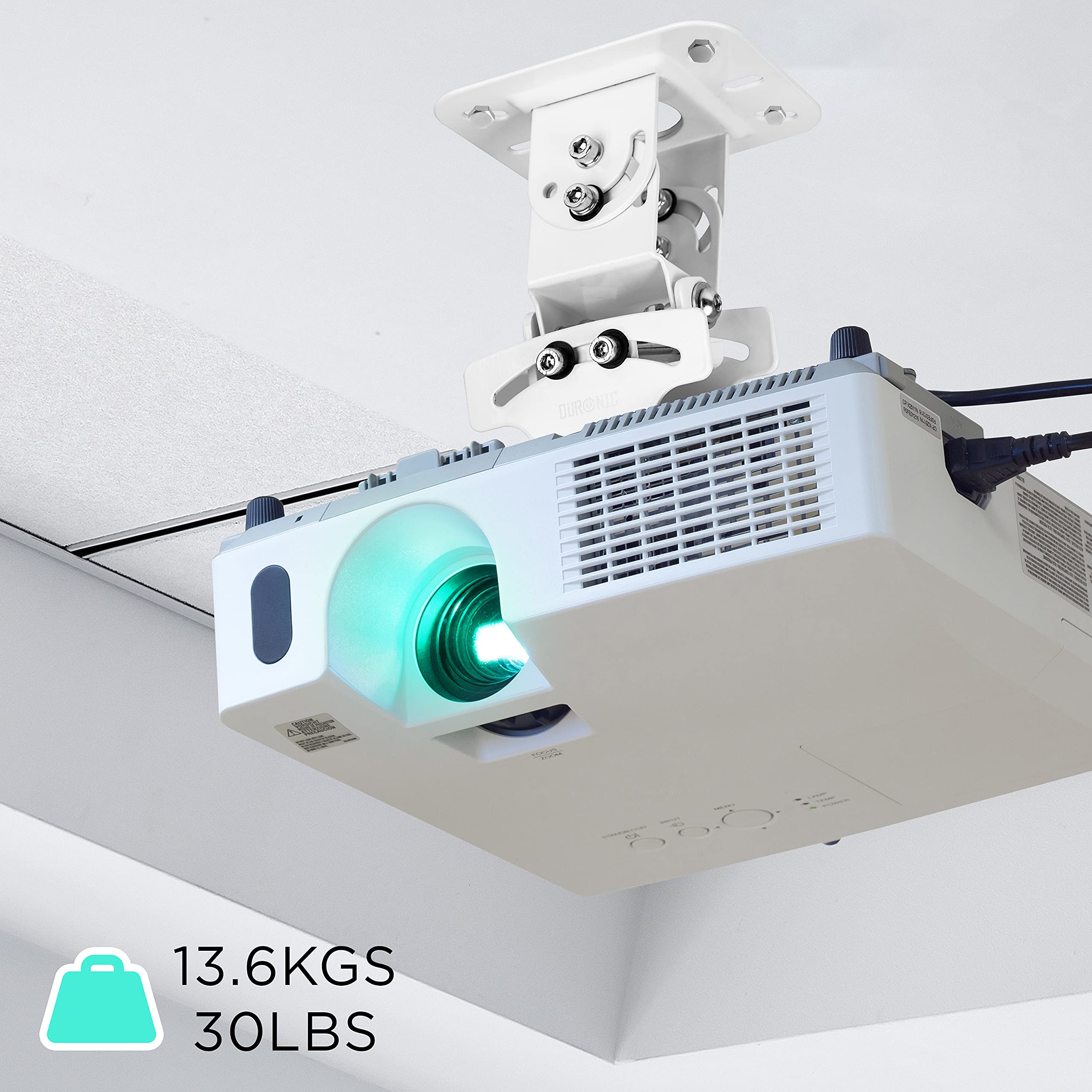 Duronic Projector Mount Stand for Ceiling or Wall Bracket PB05XB | 13.6kg Capacity | Universal Heavy Duty Adjustable Clamp | Tilt Swivel Rotate | White