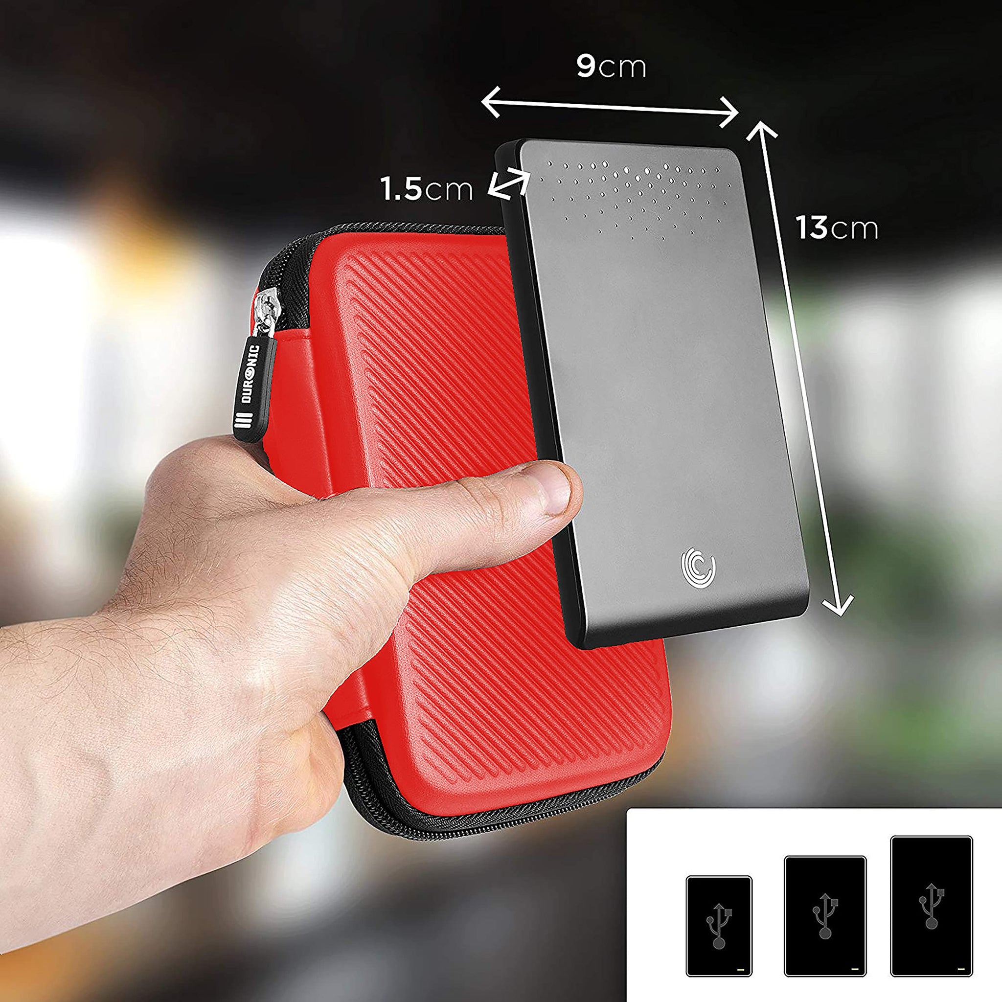 Duronic Portable Hard Drive Case HDC2 /RD Red EVA Travel Case for Charger Adapter Power Bank SSD Storage Pouch for Seagate, WD, UnionSine, Toshiba, Sandisk, Samsung Drives 500GB to 5TB