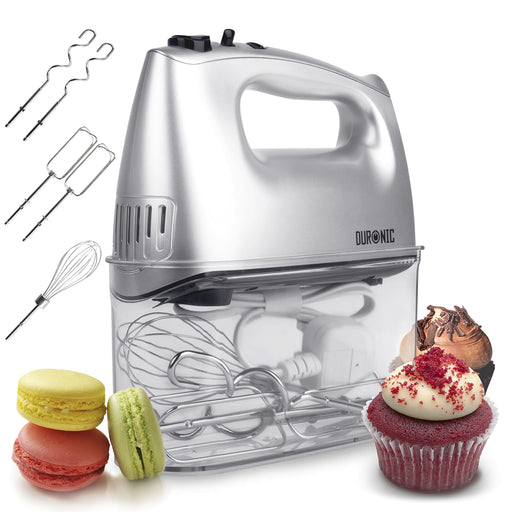 Duronic HM4SR Electric Hand Mixer | 400W | 5 Speed | SILVER Baking Set with 5 Attachments: 2 Beaters, 2 Dough Hooks, 1 Whisk | All-in-One with Built-In Storage Case | Five Mix Settings & Turbo Speed
