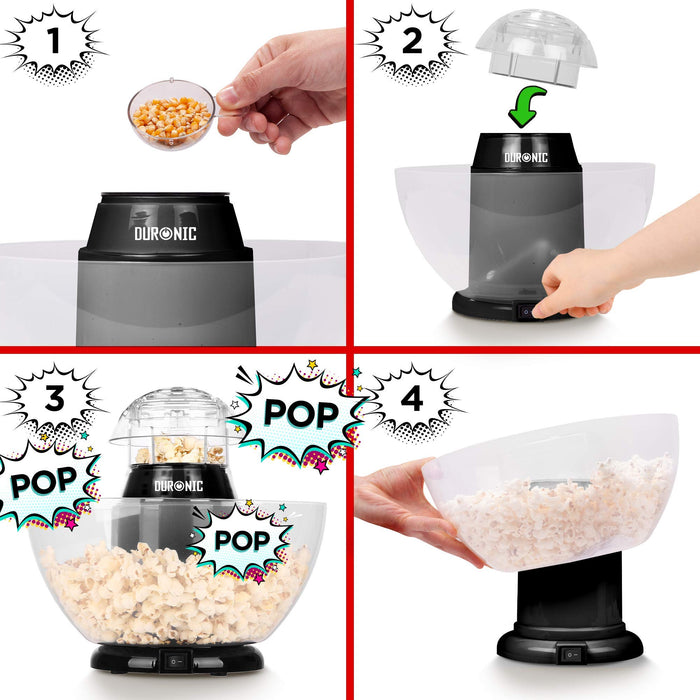 Duronic Popcorn Maker POP50 /BK [BLACK]| Hot Air Corn Popper | Make Homemade Healthy Oil-Free Popcorn | Low Calorie Snacking | Comes with Measuring Cup and Serving Bowl | 1200W