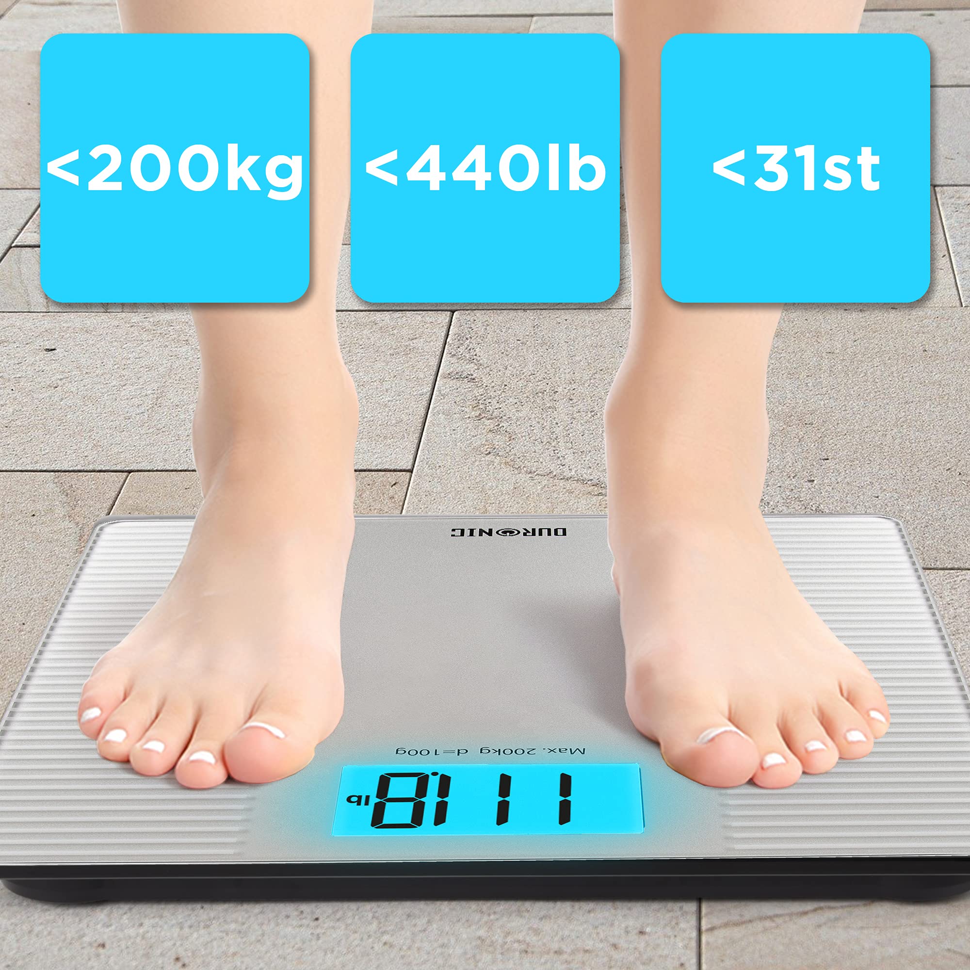 Duronic Body Scales BS203 SR | Measures Body Weight in Kilograms, Pounds & Stones | Silver Non-Slip Design | Step-On Activation Bathroom Scales | Precision Sensors | XL Digital Display | 200kg Capacity